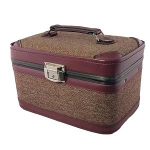 SAMSONITE Vintage Tweed and Maroon Red Travel Makeup Case Luggage, Vintage 70's